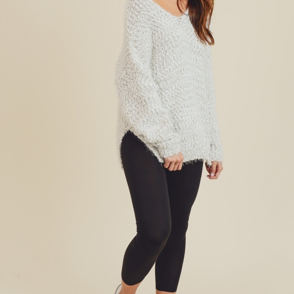 Fuzzy Sweater Top Deep V Neck - Picture 2 of 5